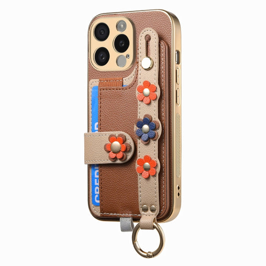 For iPhone 12 Pro Stereoscopic Flowers Wristband Card Bag Phone Case(Brown) - iPhone 12 / 12 Pro Cases by buy2fix | Online Shopping UK | buy2fix