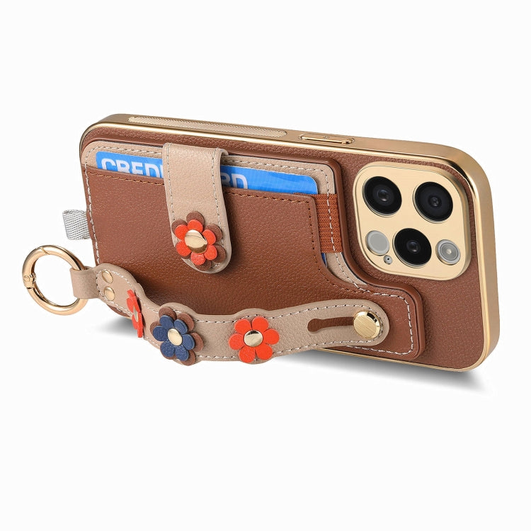 For iPhone 12 Pro Stereoscopic Flowers Wristband Card Bag Phone Case(Brown) - iPhone 12 / 12 Pro Cases by buy2fix | Online Shopping UK | buy2fix