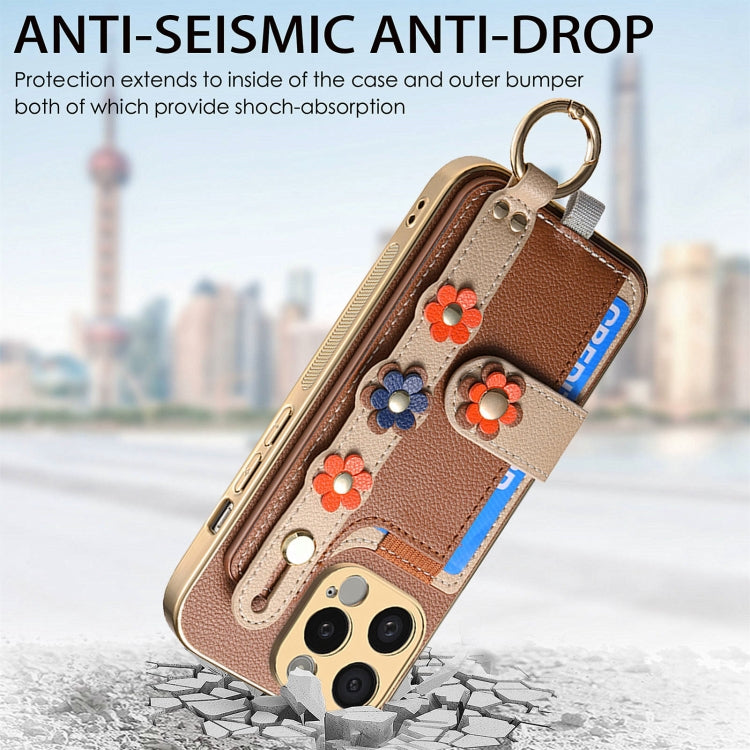 For iPhone 12 Pro Stereoscopic Flowers Wristband Card Bag Phone Case(Brown) - iPhone 12 / 12 Pro Cases by buy2fix | Online Shopping UK | buy2fix