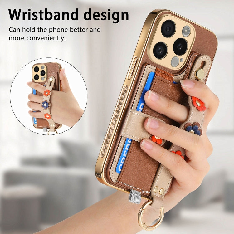 For iPhone 12 Pro Stereoscopic Flowers Wristband Card Bag Phone Case(Brown) - iPhone 12 / 12 Pro Cases by buy2fix | Online Shopping UK | buy2fix