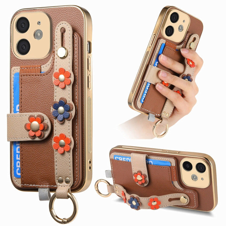 For iPhone 11 Stereoscopic Flowers Wristband Card Bag Phone Case(Brown) - iPhone 11 Cases by buy2fix | Online Shopping UK | buy2fix