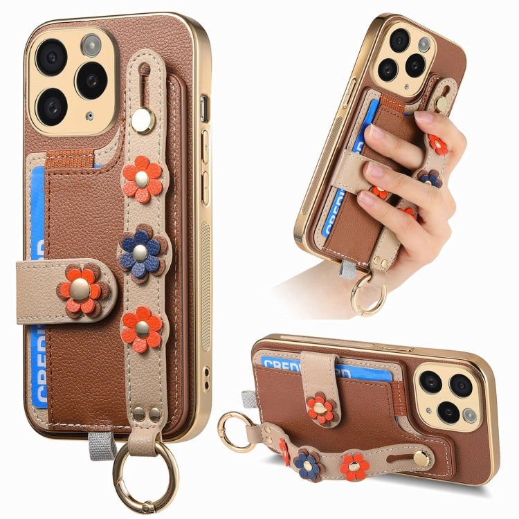 For iPhone 11 Pro Max Stereoscopic Flowers Wristband Card Bag Phone Case(Brown) - iPhone 11 Pro Max Cases by buy2fix | Online Shopping UK | buy2fix