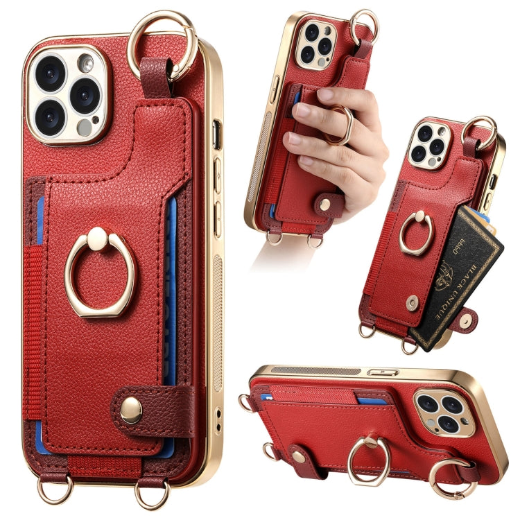 For iPhone 15 Pro Fashion Ring Card Bag Phone Case with Hang Loop(Red) - iPhone 15 Pro Cases by buy2fix | Online Shopping UK | buy2fix