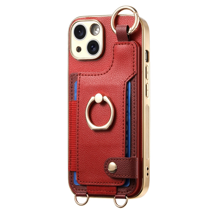 For iPhone 15 Pro Fashion Ring Card Bag Phone Case with Hang Loop(Red) - iPhone 15 Pro Cases by buy2fix | Online Shopping UK | buy2fix