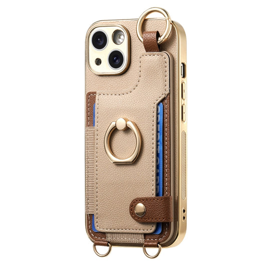 For iPhone 14 Plus Fashion Ring Card Bag Phone Case with Hang Loop(Khaki) - iPhone 14 Plus Cases by buy2fix | Online Shopping UK | buy2fix