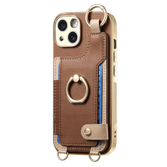 For iPhone 13 Pro Fashion Ring Card Bag Phone Case with Hang Loop(Brown) - iPhone 13 Pro Cases by buy2fix | Online Shopping UK | buy2fix