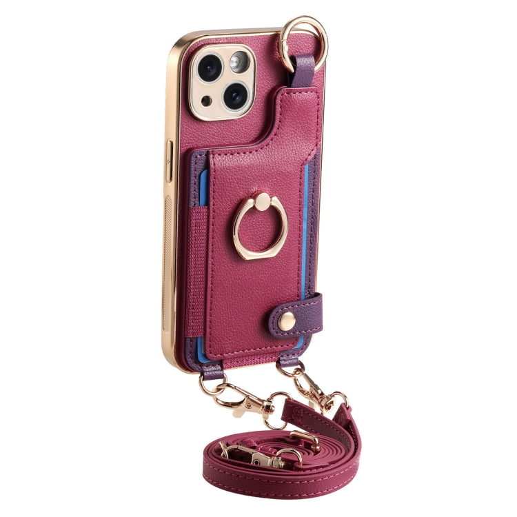 For iPhone 13 Fashion Ring Card Bag Phone Case with Hang Loop(Purple) - iPhone 13 Cases by buy2fix | Online Shopping UK | buy2fix