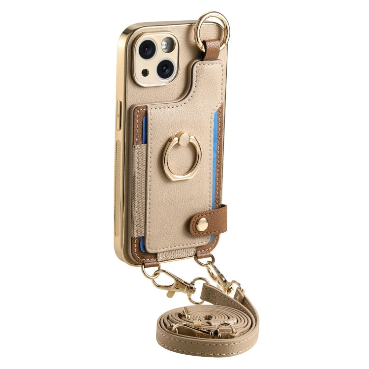 For iPhone 12 Pro Fashion Ring Card Bag Phone Case with Hang Loop(Khaki) - iPhone 12 / 12 Pro Cases by buy2fix | Online Shopping UK | buy2fix