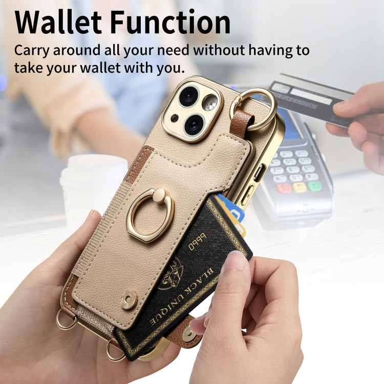 For iPhone 12 Pro Fashion Ring Card Bag Phone Case with Hang Loop(Khaki) - iPhone 12 / 12 Pro Cases by buy2fix | Online Shopping UK | buy2fix