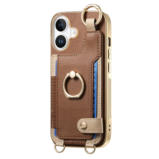 For iPhone 16 Plus Fashion Ring Card Bag Phone Case with Hang Loop(Brown) by buy2fix