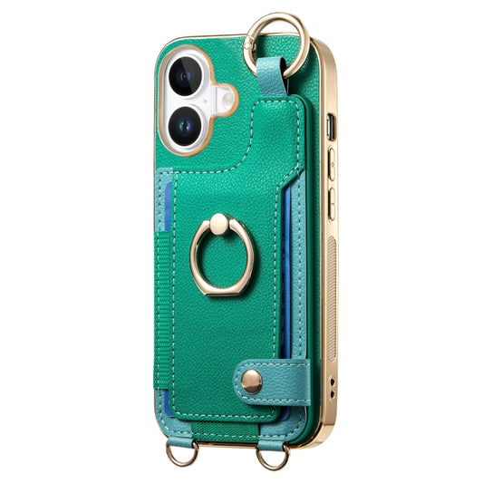 For iPhone 16 Plus Fashion Ring Card Bag Phone Case with Hang Loop(Green) by buy2fix