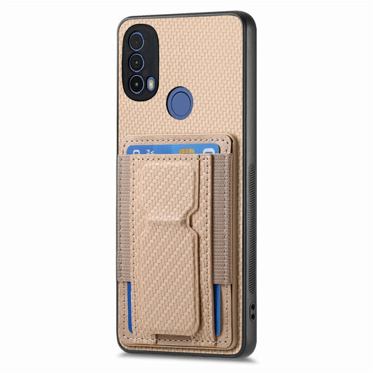 For Motorola Moto G 5G 2024 4G Carbon Fiber Fold Stand Elastic Card Bag Phone Case(Khaki) by buy2fix