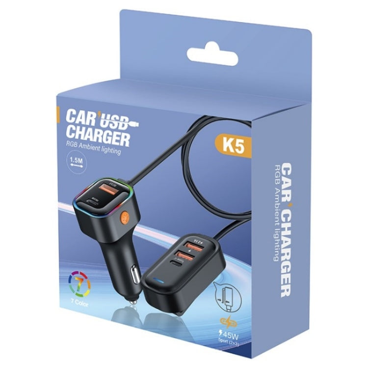 K5 3 USB Fast Charging Car Charger 66W Extension Cord Design 5 Ports Charging Adapter - Car Charger by buy2fix | Online Shopping UK | buy2fix