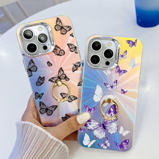 For iPhone 16 Plus Electroplating Laser Butterfly Ring Holder Phone Case(White Purple Butterflies AB6) by buy2fix