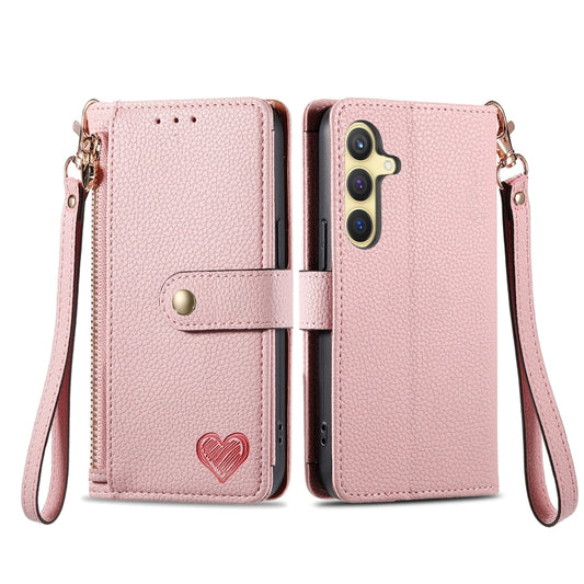 For Samsung Galaxy S25+ 5G Love Zipper Lanyard Leather Phone Case(Pink) by buy2fix