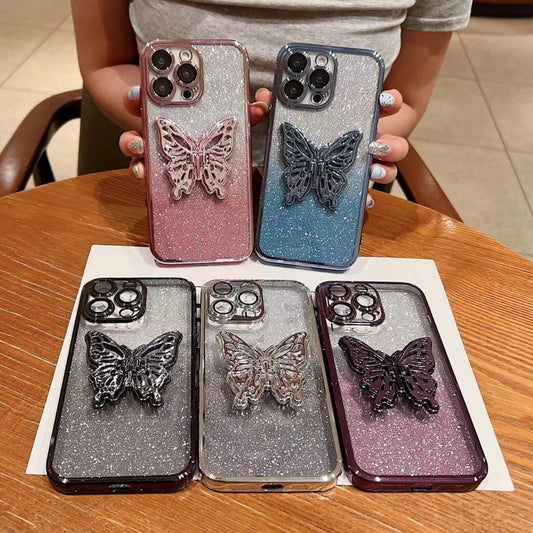 For iPhone 16 Pro Max Electroplated Gradient Glitter 3D Butterfly TPU Phone Case(Gradient Silver) by buy2fix