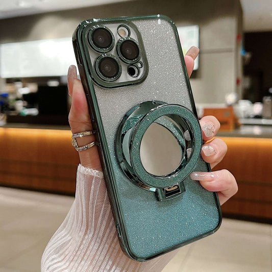 For iPhone 14 Pro Plated Mirror Holder Gradient Glitter MagSafe Phone Case(Green) - iPhone 14 Pro Cases by buy2fix | Online Shopping UK | buy2fix