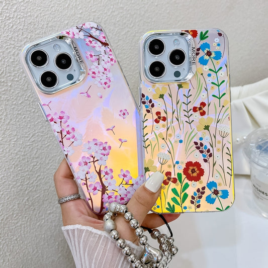 For iPhone 16 Pro Max Electroplating Laser Flower Phone Case with Wrist Strap(Lavender AH14) by buy2fix