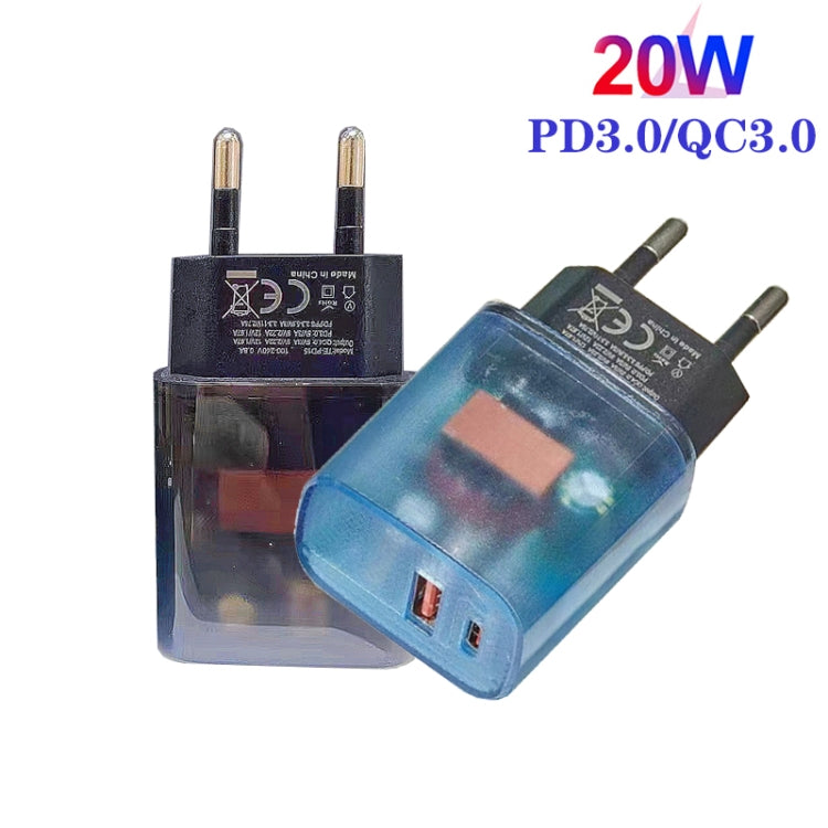 Transparent PD3.0 Type-C + QC3.0 USB Mobile Phone Charger, EU Plug(Transparent Blue) - USB Charger by buy2fix | Online Shopping UK | buy2fix