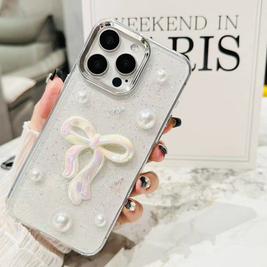 For iPhone 16 Pro Max 3D Bow Pearl Love Flower TPU Phone Case(Pearl Bow) by buy2fix