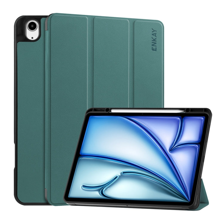 For iPad Air 13 2024 ENKAY Tri-fold Custer Texture TPU Leather Smart Tablet Case with Pen Slot(Dark Green) - iPad Air 13 2025 / 2024 Cases by ENKAY | Online Shopping UK | buy2fix