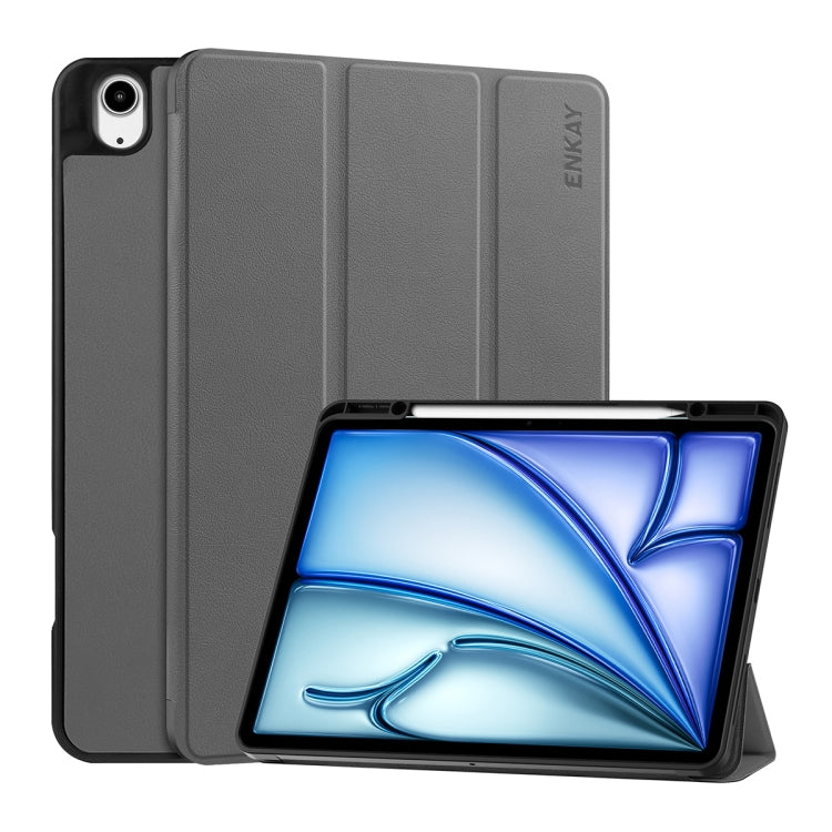 For iPad Air 13 2024 ENKAY Tri-fold Custer Texture TPU Leather Smart Tablet Case with Pen Slot(Grey) - iPad Air 13 2025 / 2024 Cases by ENKAY | Online Shopping UK | buy2fix