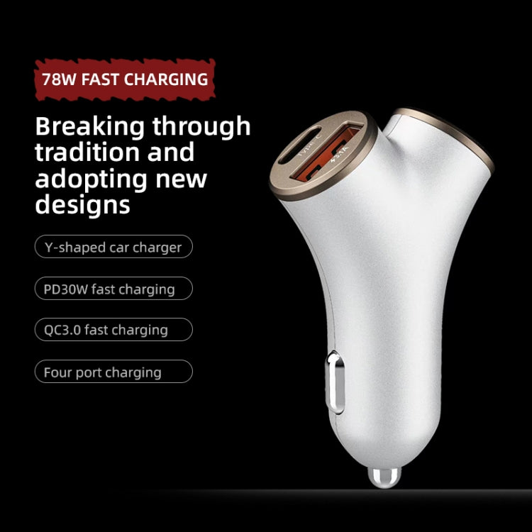 A2 2 USB + 2 Type-C Phone Fast Charging Power Adapter 78W Y-Shaped Car Charger(Silver) - Car Charger by buy2fix | Online Shopping UK | buy2fix