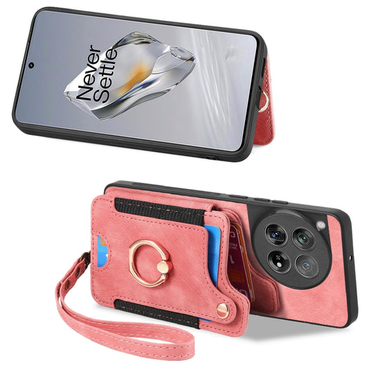 For OnePlus 12 5G Retro Skin-feel Ring Multi-card RFID Wallet Phone Case(Pink) by buy2fix