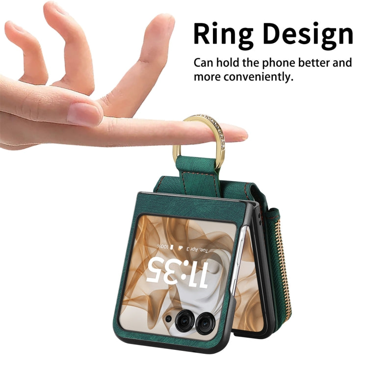 For Motorola Razr 50 Retro Ring Vertical Zipper Wallet Phone Case(Green) - Motorola Cases by buy2fix | Online Shopping UK | buy2fix