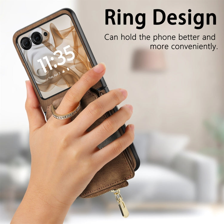 For Motorola Razr 50 Ultra Retro Ring Vertical Zipper Wallet Phone Case(Brown) - Motorola Cases by buy2fix | Online Shopping UK | buy2fix
