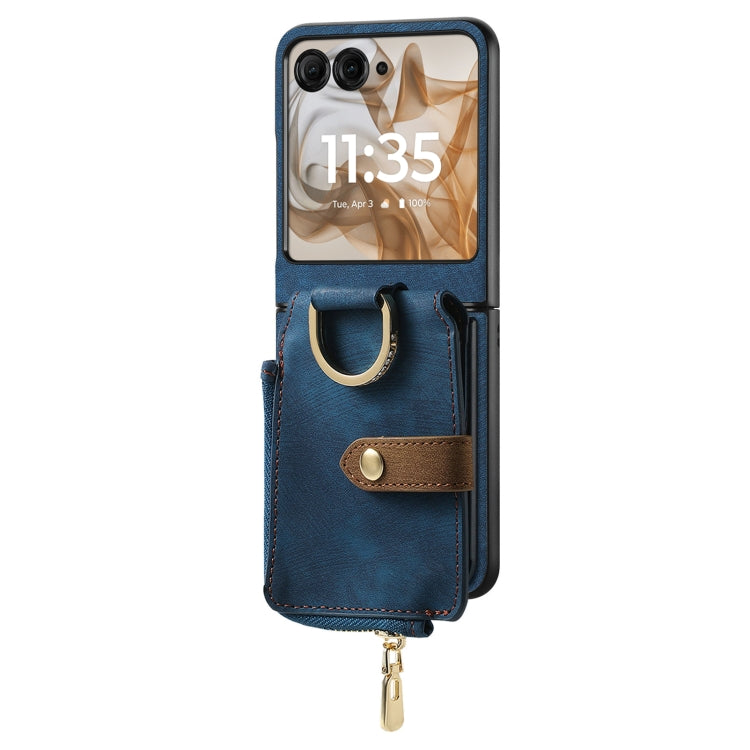 For Motorola Razr 50 Ultra Retro Ring Vertical Zipper Wallet Phone Case(Blue) - Motorola Cases by buy2fix | Online Shopping UK | buy2fix