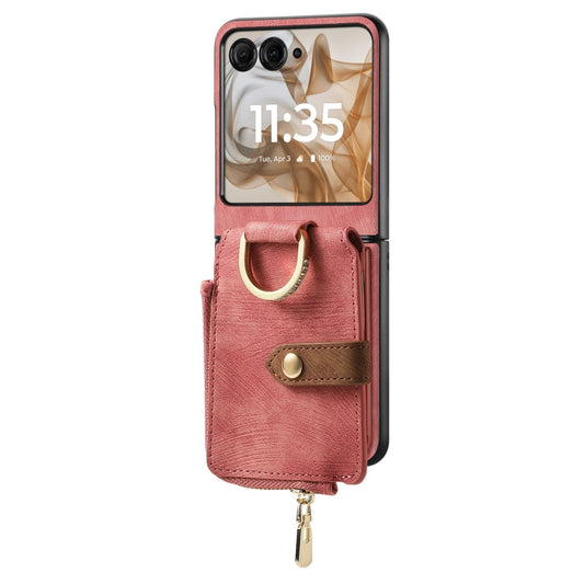 For Motorola Razr 50 Ultra Retro Ring Vertical Zipper Wallet Phone Case(Pink) by buy2fix