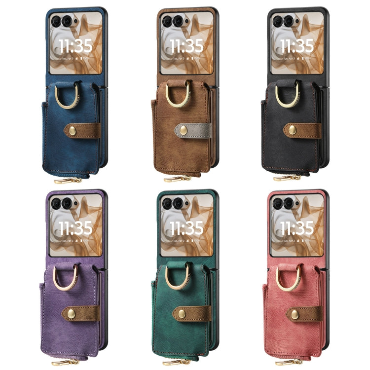 For Motorola Razr 50 Ultra Retro Ring Vertical Zipper Wallet Phone Case(Purple) by buy2fix