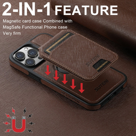 For iPhone 15 Suteni M2 Cross-Grain MagSafe Vertical Card Back Phone Case(Brown) by Suteni