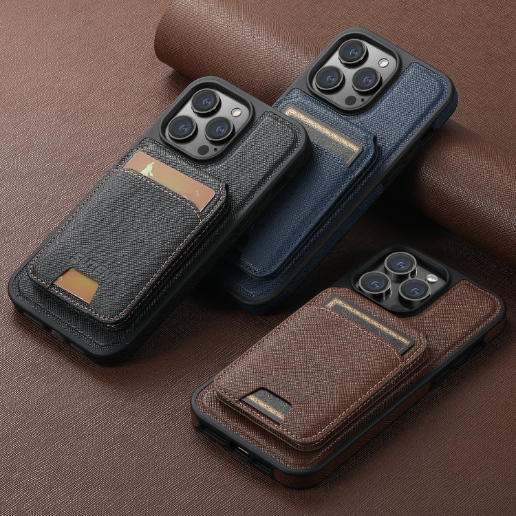 For iPhone 14 Pro Suteni M2 Cross-Grain MagSafe Vertical Card Back Phone Case(Blue) by Suteni