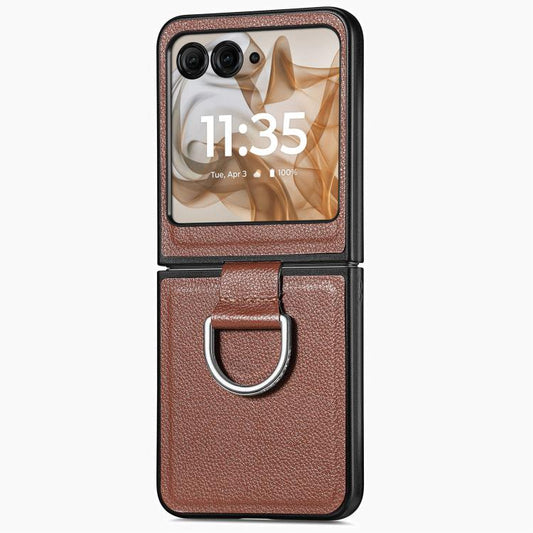 For Motorola Razr 50 Ultra Litchi Texture Leather Ring Fold Phone Case(Brown) by buy2fix