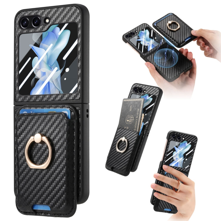 For Samsung Galaxy Z Flip6 / Flip7 FE Carbon Fiber Ring Card Bag Magsafe Phone Case(Black) - Galaxy Z Flip6 5G Cases by buy2fix | Online Shopping UK | buy2fix