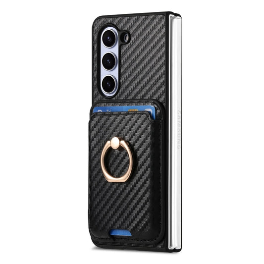 For Samsung Galaxy Z Fold6 Carbon Fiber Ring Card Bag Magsafe Phone Case(Black) by buy2fix