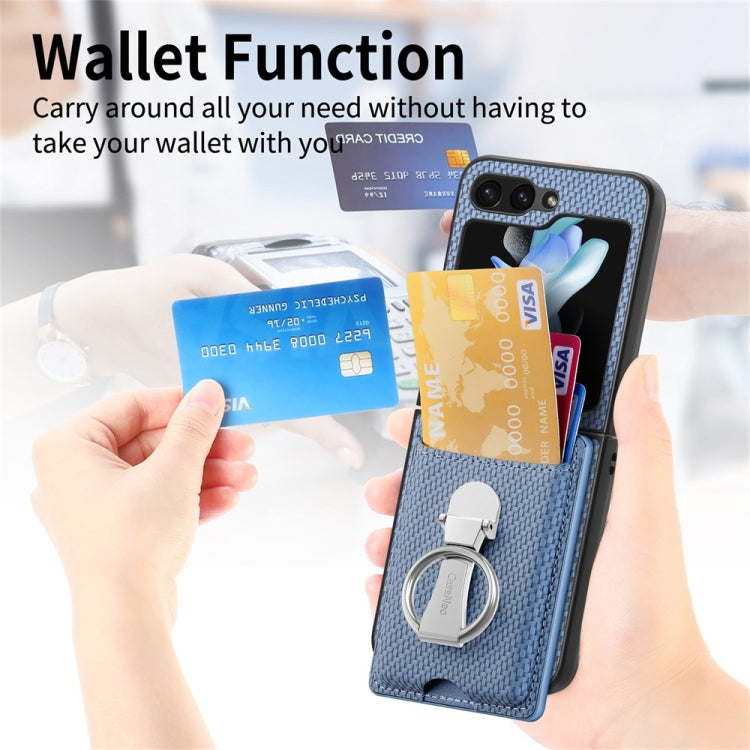 For Samsung Galaxy Z Flip6 / Flip7 FE JUNSUNMAY Carbon Fiber Leather Skin PC Folding Phone Case with Phone Ring(Blue) - Galaxy Z Flip6 5G Cases by JUNSUNMAY | Online Shopping UK | buy2fix