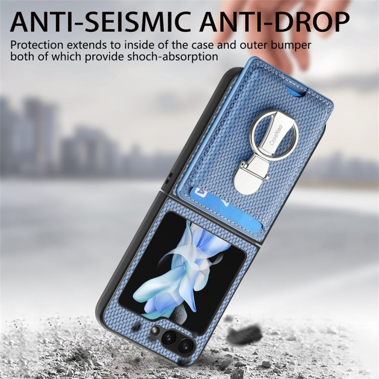 For Samsung Galaxy Z Flip6 / Flip7 FE JUNSUNMAY Carbon Fiber Leather Skin PC Folding Phone Case with Phone Ring(Blue) - Galaxy Z Flip6 5G Cases by JUNSUNMAY | Online Shopping UK | buy2fix