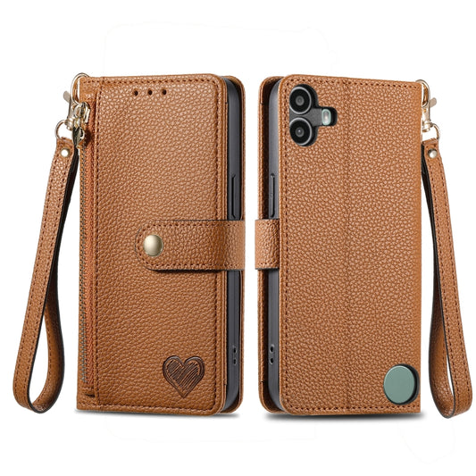 For Nothing CMF Phone 1 Love Zipper Lanyard Leather Phone Case(Brown) - Nothing Cases by buy2fix | Online Shopping UK | buy2fix