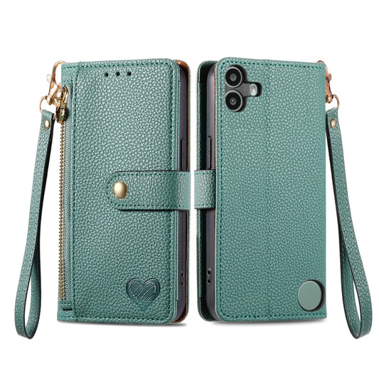 For Nothing CMF Phone 1 Love Zipper Lanyard Leather Phone Case(Green) - Nothing Cases by buy2fix | Online Shopping UK | buy2fix
