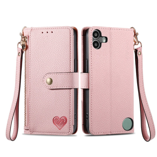 For Nothing CMF Phone 1 Love Zipper Lanyard Leather Phone Case(Pink) - Nothing Cases by buy2fix | Online Shopping UK | buy2fix