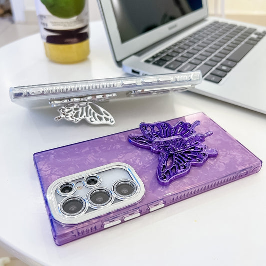 For Samsung Galaxy S25+ 5G Plating Glitter Texture Butterfly Holder TPU Phone Case with Lens Film(Purple Feather Yarn) by buy2fix