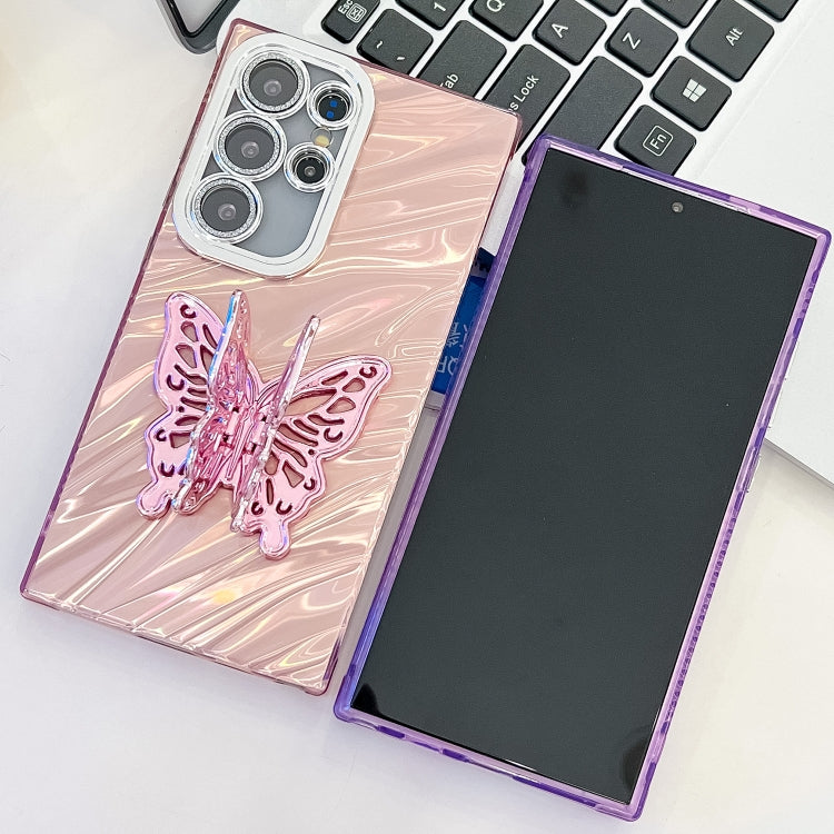 For Samsung Galaxy S25+ 5G Plating Glitter Texture Butterfly Holder TPU Phone Case with Lens Film(Purple Feathers) - Galaxy S25+ 5G Cases by buy2fix | Online Shopping UK | buy2fix
