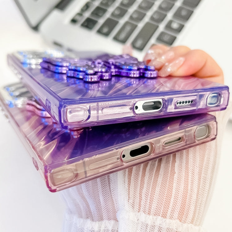 For Samsung Galaxy S25+ 5G Plating Glitter Texture Butterfly Holder TPU Phone Case with Lens Film(Purple Feathers) - Galaxy S25+ 5G Cases by buy2fix | Online Shopping UK | buy2fix