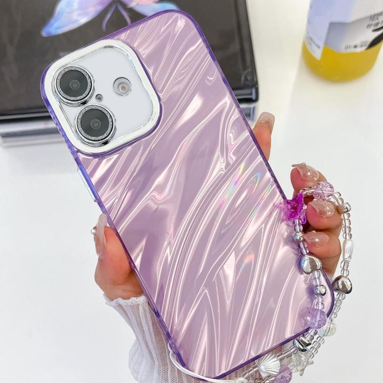 For iPhone 16 Plating Glitter Texture Chain Wristband TPU Phone Case with Lens Film(Purple Water Ripples) - iPhone 16 Cases by buy2fix | Online Shopping UK | buy2fix