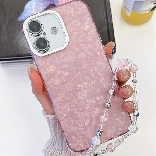 For iPhone 16 Plating Glitter Texture Chain Wristband TPU Phone Case with Lens Film(Pink Shell Pattern) - iPhone 16 Cases by buy2fix | Online Shopping UK | buy2fix