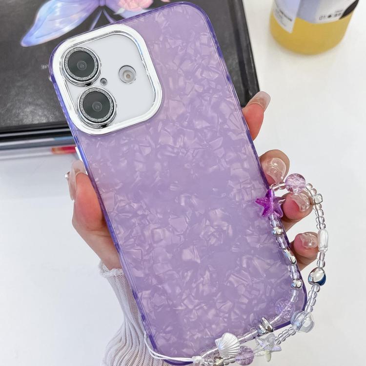 For iPhone 16 Plating Glitter Texture Chain Wristband TPU Phone Case with Lens Film(Purple Shell Pattern) - iPhone 16 Cases by buy2fix | Online Shopping UK | buy2fix