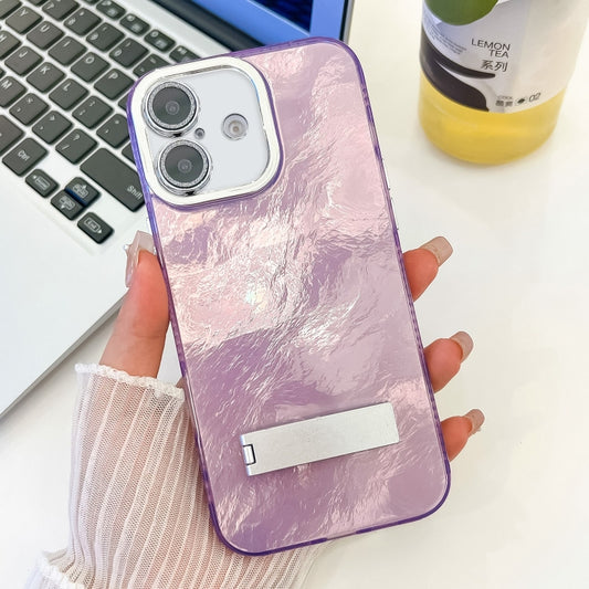 For iPhone 16 Plating Glitter Texture Fold Holder TPU Phone Case with Lens Film(Purple Tinfoil Texture) - iPhone 16 Cases by buy2fix | Online Shopping UK | buy2fix
